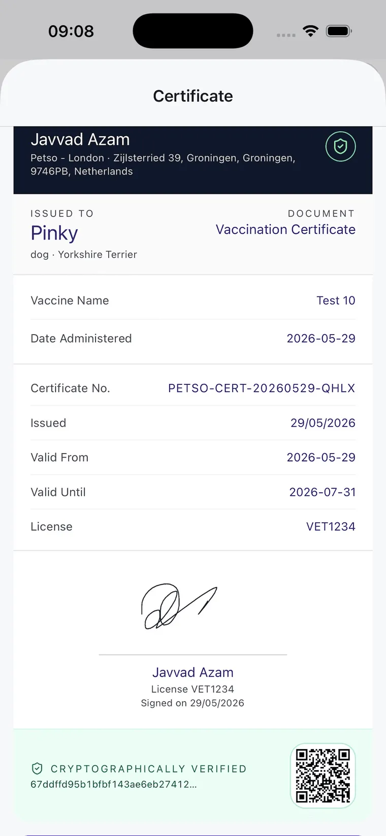 A cryptographically verified pet vaccination certificate with QR code in the Petso app